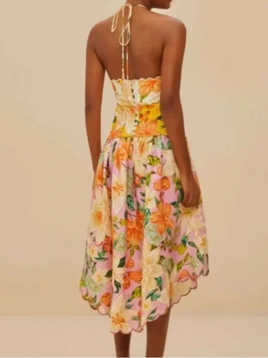 Farm Rio Guaragarden 100% Linen Halter Midi Dress Button Back Floral NWT Large - Picture 2 of 16